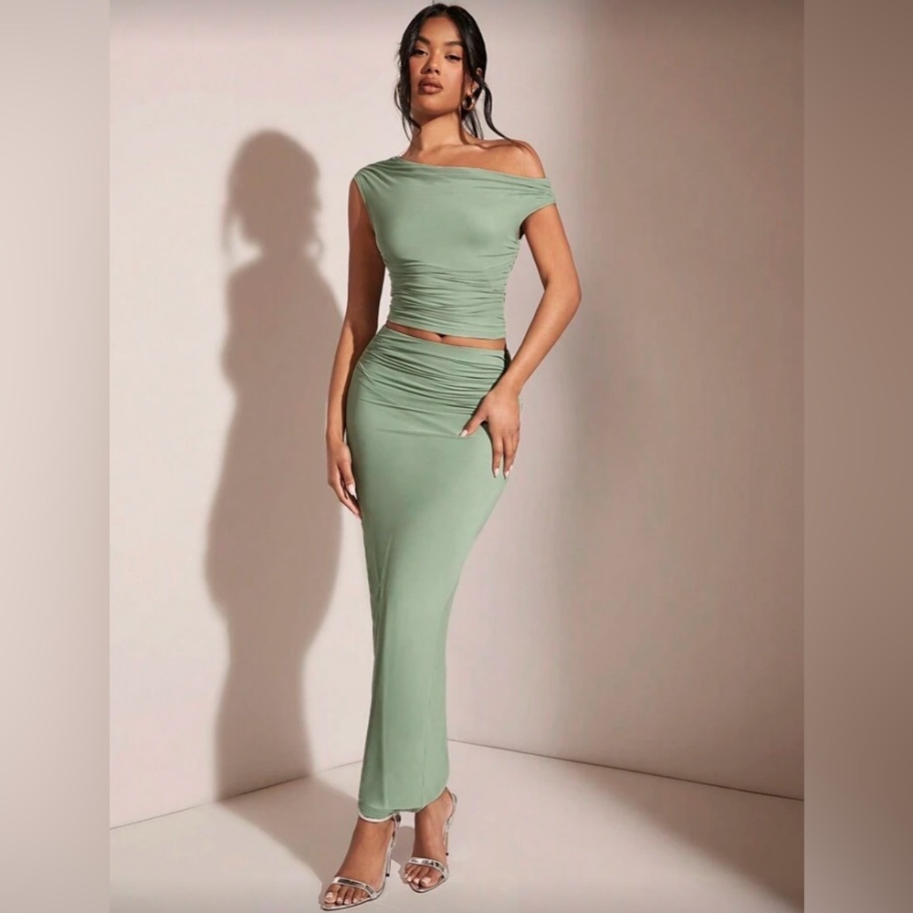 Sage Green Off-Shoulder Ruched Two-Piece Maxi Set